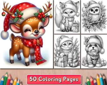 50 Christmas Animals Coloring Pages, Grayscale Xmas Designs (PDF)