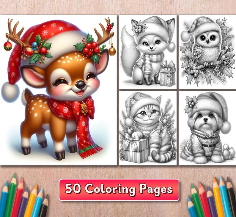 May include: A set of 50 coloring pages featuring cute animal illustrations. The animals include a deer, a fox, a cat, a dog, and an owl. The illustrations are in black and white and are ready to be colored.