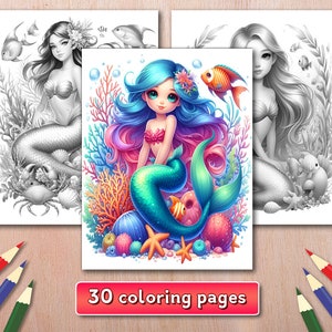 Mermaid Coloring Book: 30 Grayscale Sea Theme Pages (Instant Download)