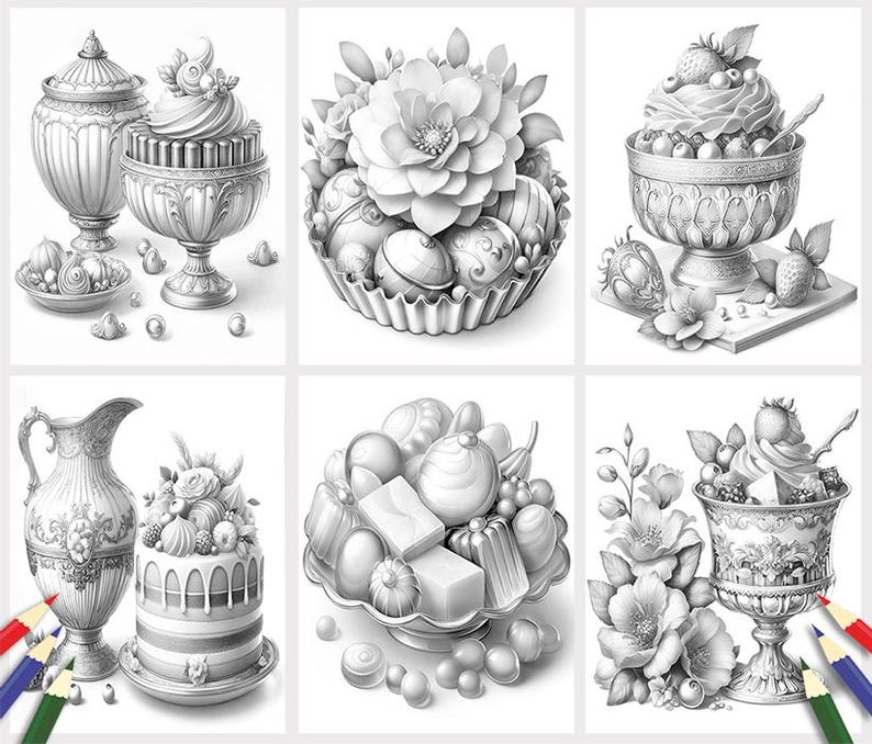 May include: A black and white illustration of a collection of decorative bowls, plates, and platters filled with various sweets and treats. The illustration is in a vintage style and features intricate details.