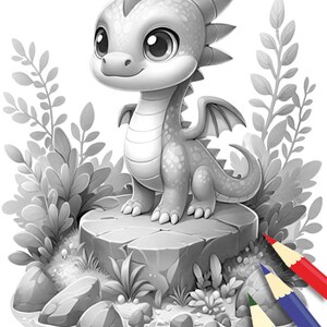 May include: A black and white illustration of a cute baby dragon standing on a rock with green plants and a stream of water in the background.