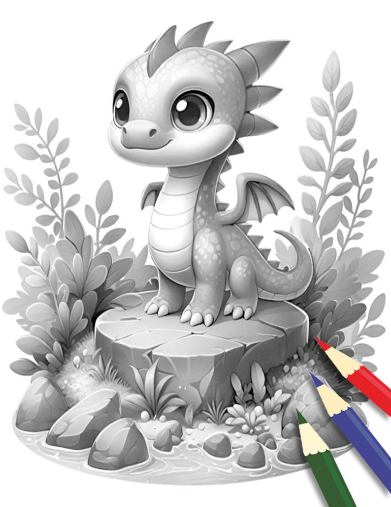 May include: A black and white illustration of a cute baby dragon standing on a rock with green plants and a stream of water in the background.