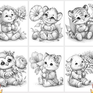 May include: A set of six black and white line art illustrations featuring baby animals including a lion, a tiger, an owl, a cat, and a pig, each holding a large flower. The drawings are rendered in a clean, detailed style suitable for coloring pages.