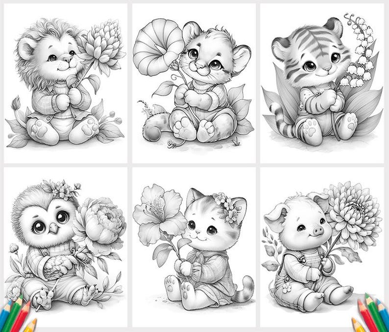 May include: A set of six black and white line art illustrations featuring baby animals including a lion, a tiger, an owl, a cat, and a pig, each holding a large flower. The drawings are rendered in a clean, detailed style suitable for coloring pages.