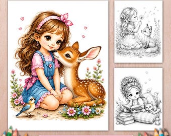 Sweet Girls & Animal Friends Grayscale Coloring Book - 50 Love and Friendship Pages, Printable PDF
