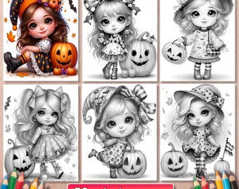 30 Halloween Girl Coloring Pages: Grayscale Pumpkin Art (PDF)