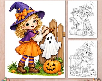 Little Gnome Witch Halloween Coloring Book, 50 Grayscale Coloring Pages, Whimsical Spooky Printable PDF