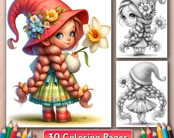Gnome Girl Grayscale Coloring Pages: 30 Fantasy Designs (PDF)