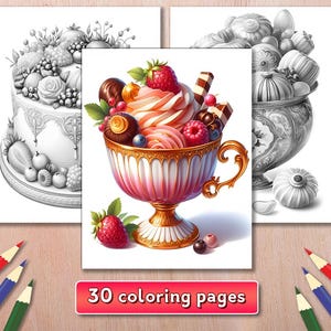 May include: A coloring book with 30 pages featuring a black and white illustration of a dessert with fruit and chocolate. The dessert is in a bowl with a handle. There is also a black and white illustration of a cake with fruit and flowers.
