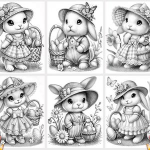 May include: A coloring page featuring ten black and white illustrations of bunnies wearing hats and holding baskets. The bunnies are in various poses, some are sitting, some are standing, and some are holding baskets. The hats are all different styles, some are floppy, some are wide-brimmed, and some are decorated with flowers. The baskets are also different styles, some are round, some are rectangular, and some are decorated with bows.