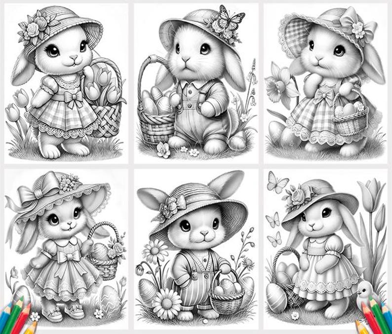 May include: A coloring page featuring ten black and white illustrations of bunnies wearing hats and holding baskets. The bunnies are in various poses, some are sitting, some are standing, and some are holding baskets. The hats are all different styles, some are floppy, some are wide-brimmed, and some are decorated with flowers. The baskets are also different styles, some are round, some are rectangular, and some are decorated with bows.