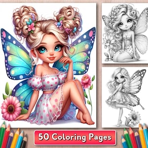 Cute fairies grayscale coloring book, 50 adorable fantasy pages, Magical fairy girl for stress relief and creativity, Whimsical art to color