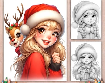 Christmas Girls Portraits - Grayscale Coloring Book, 50 Holiday Coloring Pages (Digital Download)