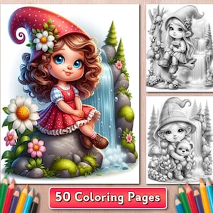 Gnome Girls & Waterfalls Grayscale Coloring Book, 50 Fantasy Pages, Cute Little Girl Gnome to Color, Garden Gnome Pages PDF file