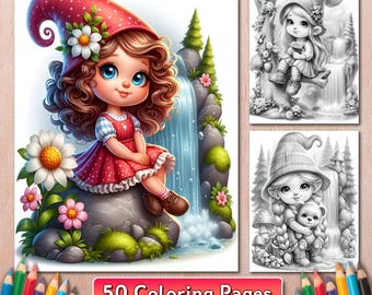 Gnome Girls Coloring Book: 50 Fantasy Waterfalls Grayscale Pages (PDF file)