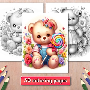 Teddy Bear Lollipop Coloring Book: 30 Grayscale Pages (Instant Download)