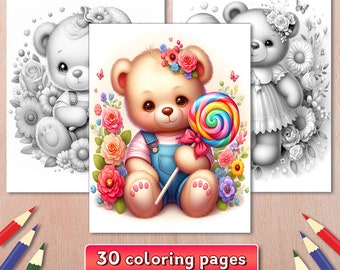 Teddy Bear with Lollipop Coloring Book: 30 Grayscale Pages (Digital Download)