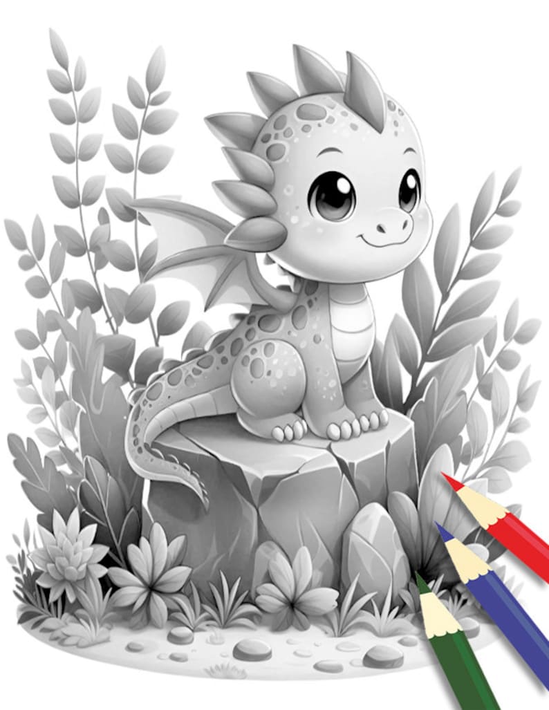 May include: A black and white illustration of a cute cartoon dragon sitting on a rock. The dragon has large eyes, a small mouth, and a spiky back. The dragon is surrounded by green leaves and flowers. Three colored pencils are in the lower right corner of the image.