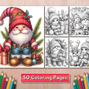 50 Christmas Gnomes Coloring Pages, Printable Xmas Gnome Coloring Pages, Xmas Coloring Book, Grayscale Christmas Gnomes Coloring Pages, PDF