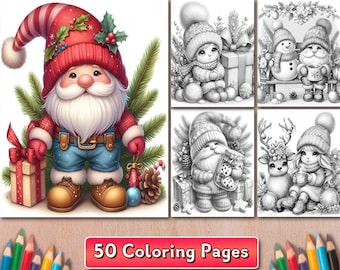 50 Christmas Gnomes Coloring Pages, Printable Xmas Gnome Coloring Pages, Xmas Coloring Book, Grayscale Christmas Gnomes Coloring Pages, PDF