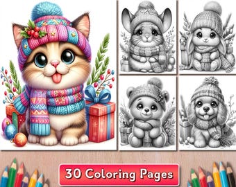30 Adorable Animals with Christmas Gifts Coloring Pages, Grayscale Coloring Book, Xmas Pets PDF