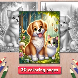 Dog and Cat Best Friends Coloring Book, Dogs and Cats Grayscale Coloring Pages, Animal Pet Coloring Page, Grayscale Animals Colouring Book