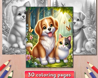 犬と猫の塗り絵：グレースケールの動物イラスト（PDF）