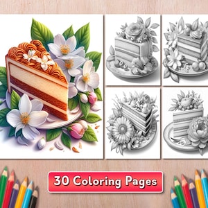 Cake & Flowers Coloring Book: 30 Grayscale Dessert Pages (PDF)