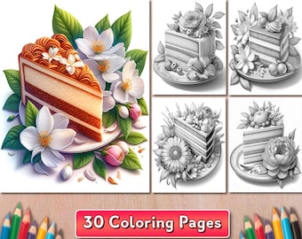 Cake & Flowers Coloring Book: 30 Grayscale Dessert Pages (PDF)