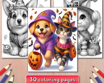 Halloween Cat with Dog Coloring Pages, Kitten and Puppy Coloring Book, Digital Download