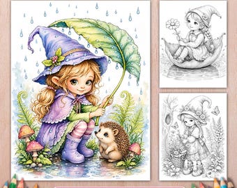 Whimsical Forest Gnome Girls Coloring Book, 50 Grayscale Pages, Woodland Printable PDF