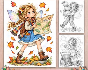 Autumn Fairy Girl Adventures Coloring Book, 50 Grayscale Pages, Printable Fall Coloring PDF
