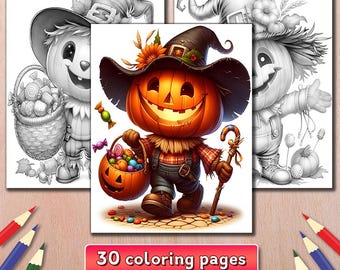 30 Halloween Pumpkin Scarecrow Coloring Page, Spooky Pumpkin Coloring, Halloween Coloring Book, Whimsical Scarecrow Coloring Pages