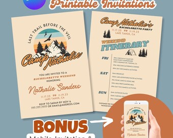 Printable Camp Bachelorette Mobile Invitation Itinerary Canva Template, Glamping Camping Theme Lake Bach Party Schedule, Digital Download