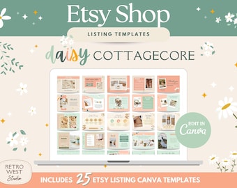 Daisy Cottagecore Etsy Shop Listing Template Canva, Etsy Photo Listing Template Etsy Sellers Store Cottagecore Branding Kit Design DC01