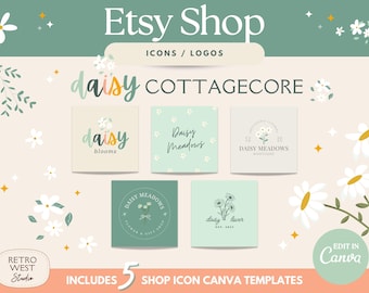 Daisy Cottagecore Etsy Shop Icon Logo Template, Canva Template For Etsy Sellers Store Cottagecore Branding Kit DIY Retro Logo Design DC01