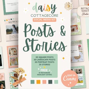 Op de afbeelding: Een social media kit met een daisy cottagecore thema. De kit bevat sjablonen voor berichten en verhalen, met opties voor vierkante, liggende en portretformaten. Het ontwerp heeft een zacht kleurenpalet en de tekst "Posts & Stories".