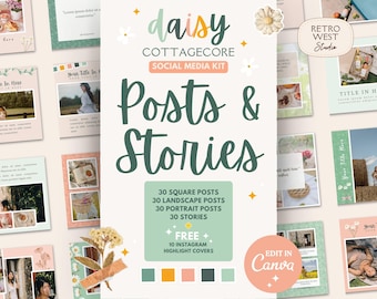 Daisy Cottagecore Instagram Post Templates, IG Story Template Canva, Aesthetic Stories For Business, Floral Social Media Templates DC01
