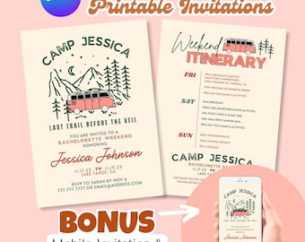 Printable Camp Bachelorette Mobile Invitation Itinerary Canva Template, Glamping Camping Theme Lake Bach Party Schedule, Digital Download