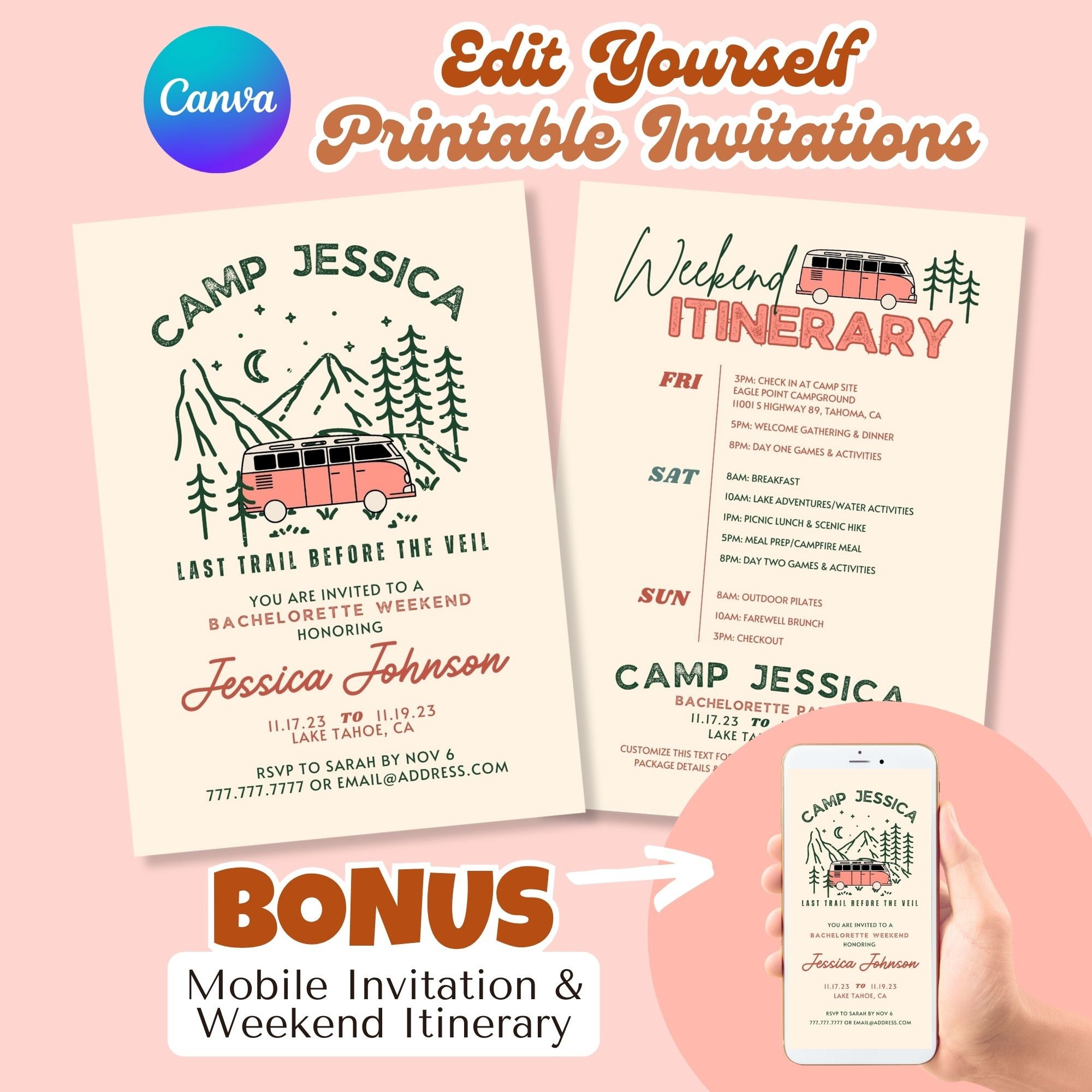 Printable Camp Bachelorette Mobile Invitation Itinerary Canva Template
