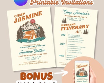 Printable Camp Bachelorette Mobile Invitation Itinerary Canva Template, Glamping Camping Theme Lake Bach Party Schedule, Digital Download