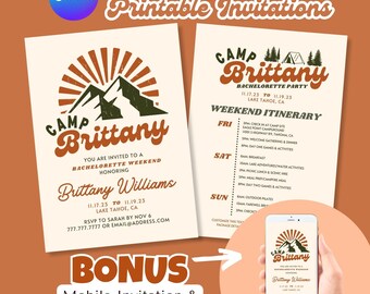 Printable Camp Bachelorette Mobile Invitation Itinerary Canva Template, Glamping Camping Theme Lake Bach Party Schedule, Digital Download