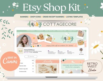 Daisy Cottagecore Etsy Shop Kit, Etsy Banner Template Canva, Etsy Sellers Store Cottagecore Branding Kit Shop Logo Icon Listing Design DC01