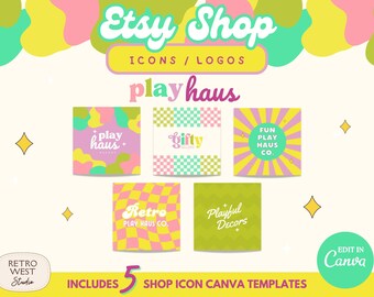 Play Haus Colorful Etsy Shop Icon Logo Template, Canva Template For Etsy Sellers Store Bold Fun Kids Branding Kit DIY Retro Logo Design RPH1