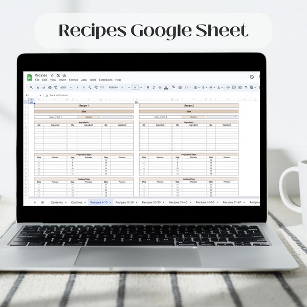 500 Recipe Organiser / Google Sheets / Digital Recipe Log