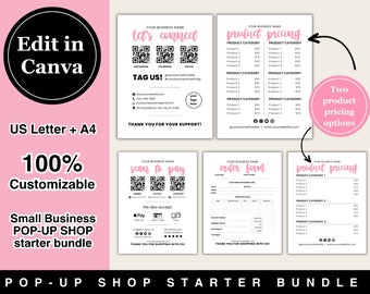 May include: A small business pop-up shop starter bundle with customizable templates. Includes a "let's connect" page, product pricing options, an order form, and a "scan to pay" page. The text "Edit in Canva" is visible.