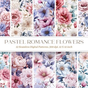 パステルロマンスフラワー - シームレスデジタルペーパー - ロマンチックな花柄 - 12デザイン - 12 x 12インチ - 高品質 - 商用利用
