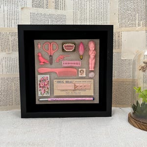 May include: A framed display of pink items, such as a bird, scissors, a comb, a baby doll, and a lightbulb. The arrangement includes a small box with the text "LA PETITE" and a vintage "SNUG BRAS" bra repair outfit.