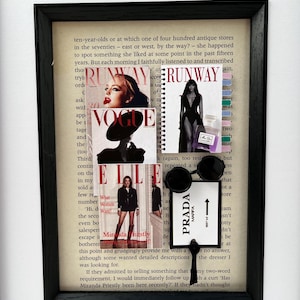Peut inclure: Un collage encadré de couvertures de magazines et d'accessoires de mode. Le collage présente des couvertures des magazines Vogue, Elle et Runway, ainsi que des lunettes de soleil et une étiquette Prada. Le texte "RUNWAY" apparaît deux fois dans le collage.