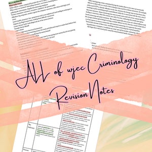 May include: A close-up of a pink and white watercolor background with the text "All of wjec Criminology Revision Notes" in black cursive writing.